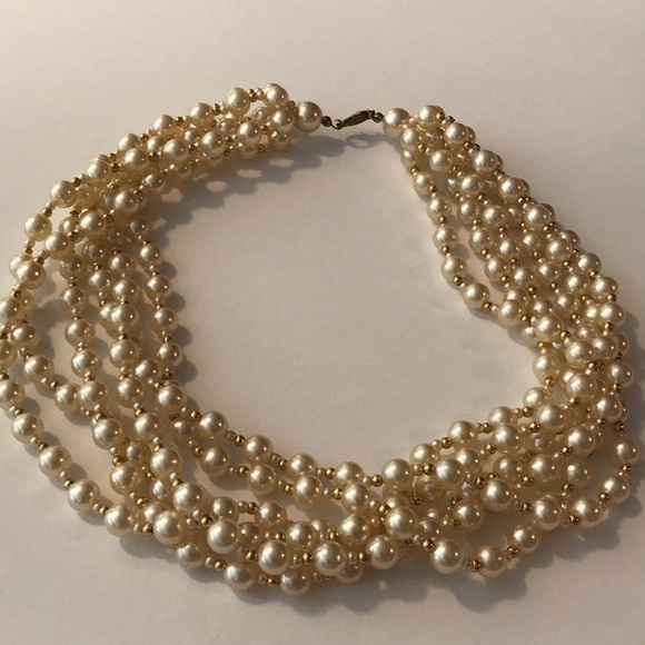 Pearl Necklace 6 strands with small pearl and gold beads faux - Picture 7 of 8